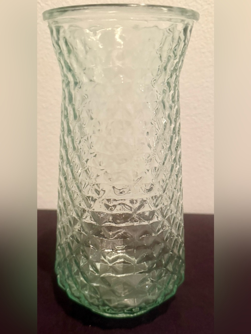 Paula DPS Diamond Pattern glass vase. 9” slight green tint.